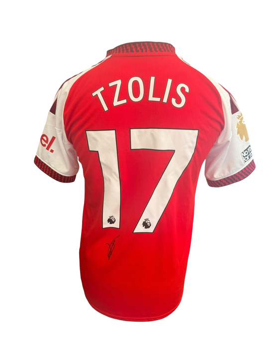 Back view of a 2026/27 home shirt with official Premier League font printing hand-signed in permanent marker by Christos Tzolis.