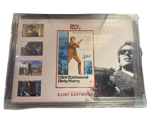 A professionally framed Clint Eastwood signed Dirty Harry film poster montage featuring iconic movie scenes and a bold autograph.