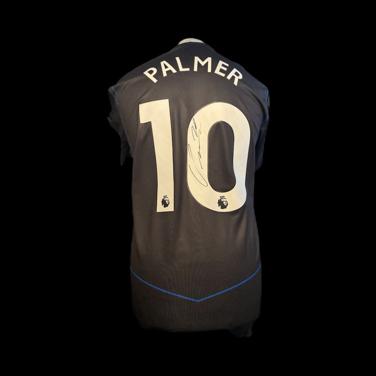 Hand-signed Cole Palmer Chelsea away shirt 25/26 with official pinstripe design and Certificate of Authenticity.