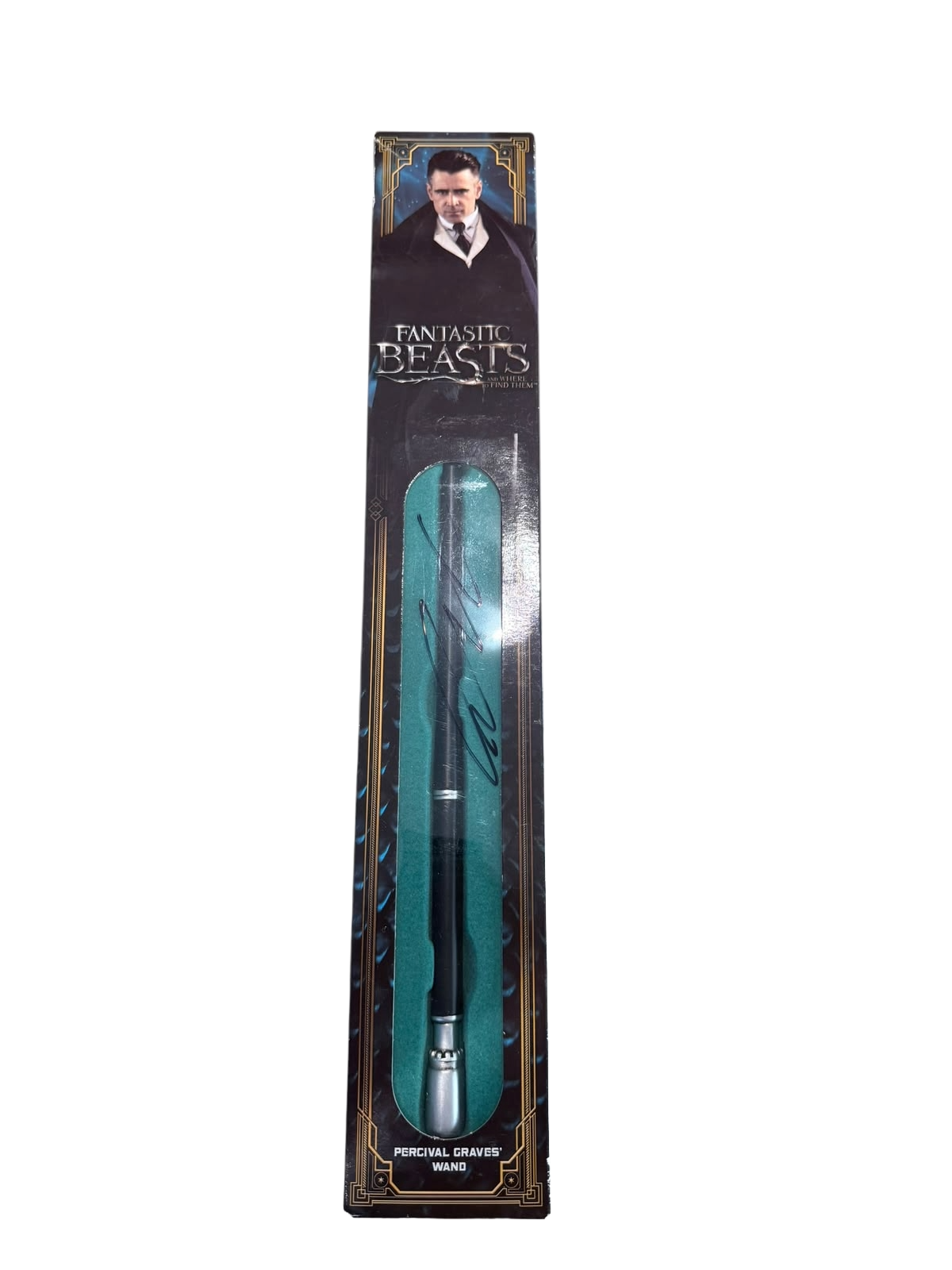 Colin Farrell signed Percival Graves wand replica from Fantastic Beasts inside its autographed display casing.