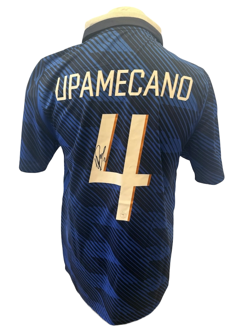 Signed Dayot Upamecano France home shirt 2026 featuring a clean hand-signed autograph across his squad number on the rear of the jersey