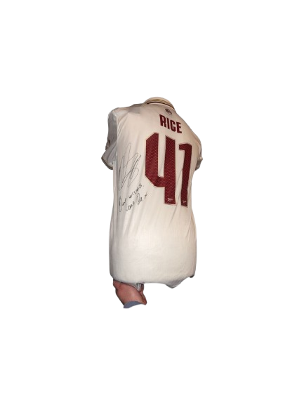 Authentic Declan Rice signed Arsenal third shirt 25/26 with a bold autograph and personal hand-written message on the off-white and maroon Highbury commemorative kit.