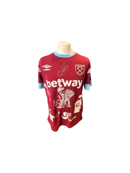 Custom West Ham United home shirt signed by Declan Rice, featuring Europa Conference League Winners embroidery and match details.