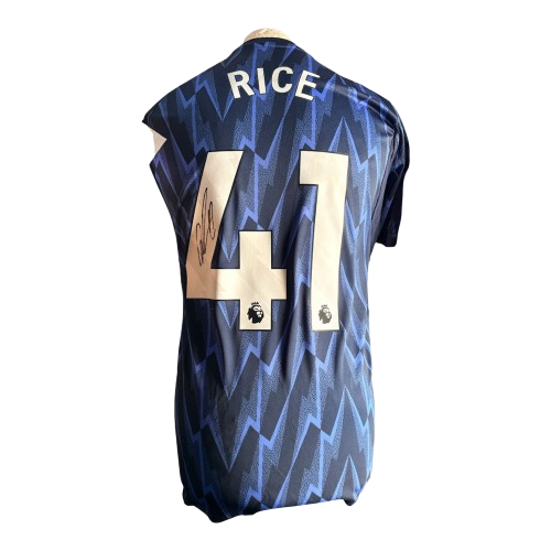 Declan Rice hand-signed Arsenal 2025/26 away shirt featuring the iconic lightning bolt design and COA.