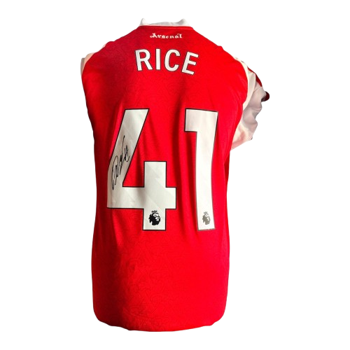 Declan Rice hand-signed Arsenal 2025/26 home shirt with choice of Premier League or Club font and COA.
