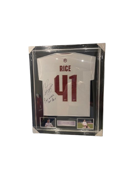 Professionally framed 2025/26 Arsenal third shirt hand-signed by Declan Rice with a unique personal message in bold ink.