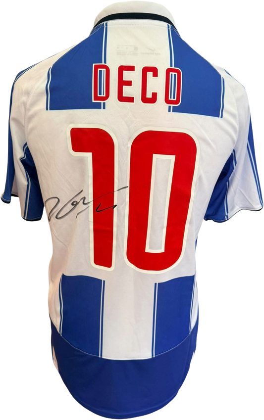 Authentic blue and white striped FC Porto home shirt hand-signed by Deco, commemorating the 2004 Champions League victory.