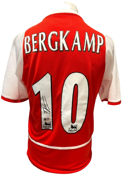 Iconic 2003/04 Arsenal home shirt hand-signed by Dennis Bergkamp in bold permanent ink.