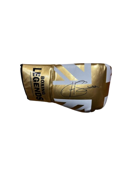 Authentic gold boxing glove hand-signed by Derek Chisora in bold black ink, celebrating the 50-fight career of the British heavyweight icon.