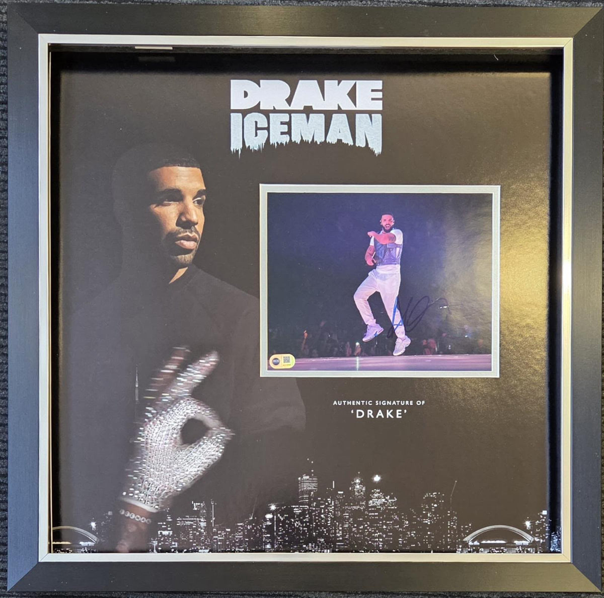 Drake signed photo of live concert performance set on an Iceman era background with Drake Iceman title across the top.