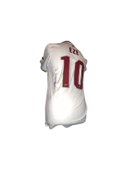Authentic Eberechi Eze signed Arsenal third shirt 25/26 featuring a bold black autograph on the commemorative off-white and maroon anniversary kit.