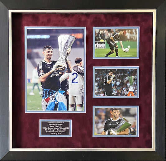 Emiliano Martinez signed Aston Villa Europa League winners photo montage celebrating the 2026 Istanbul victory.