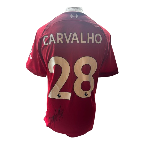 Fabio Carvalho hand-signed Liverpool FC home shirt with signature on the back fabric.