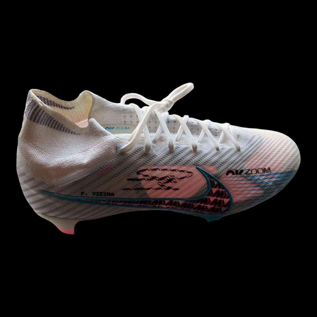 A pair of professional player-spec football boots issued for Fabio Vieira, hand-signed by the player in permanent marker, displayed with an official Limelight Memorabilia COA.