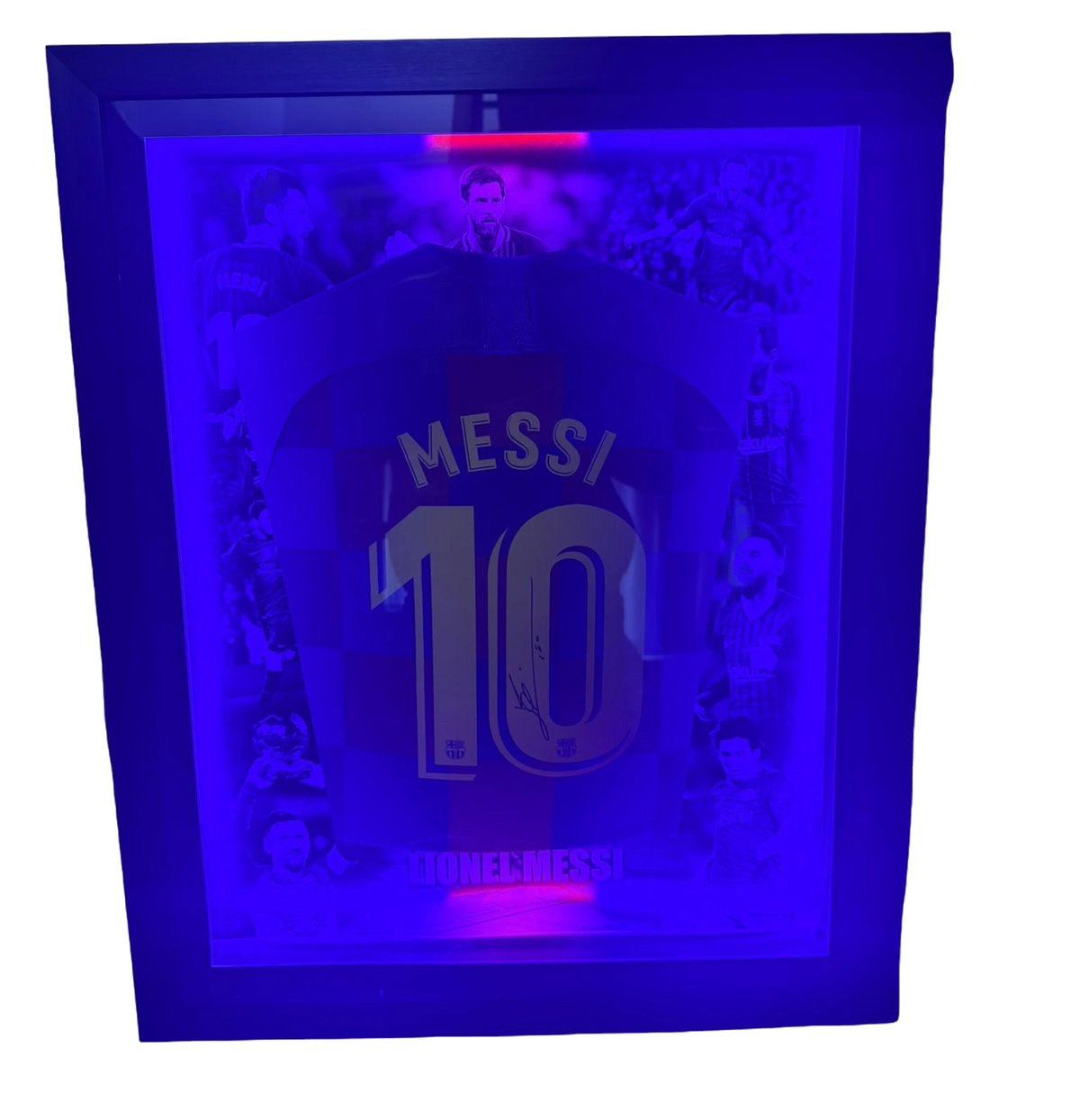 Front view of a framed 2019/20 FC Barcelona home shirt signed by Lionel Messi illuminated with blue and red LED lights.
