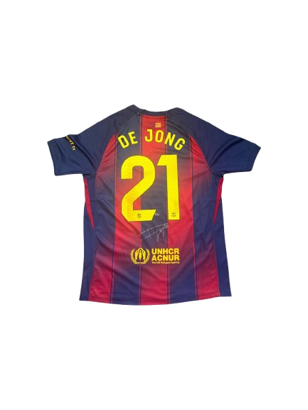Authentic Frenkie de Jong signed FC Barcelona home shirt 25/26 featuring a bold black signature on the reimagined Blaugrana gradient stripe jersey.