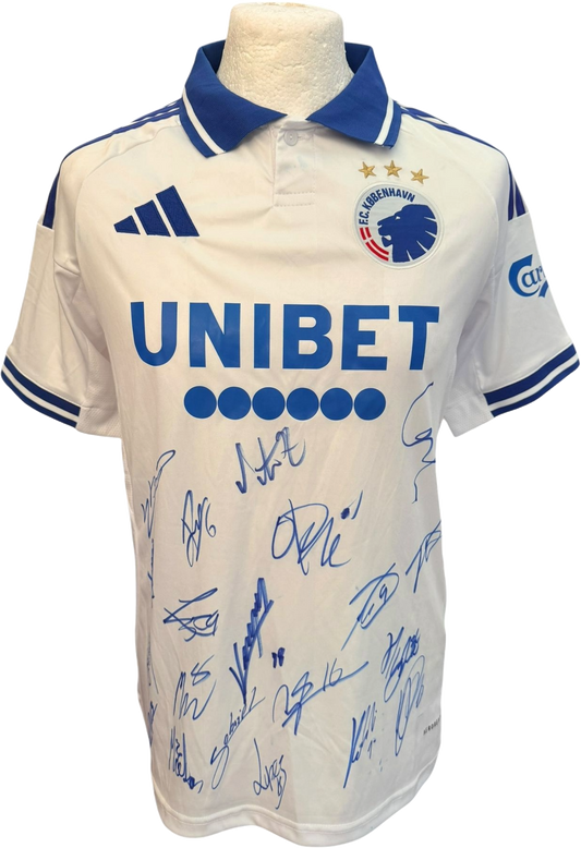 Authentic white FC Copenhagen 2025/26 home shirt featuring clear hand-signed signatures from the full first-team squad across the front.