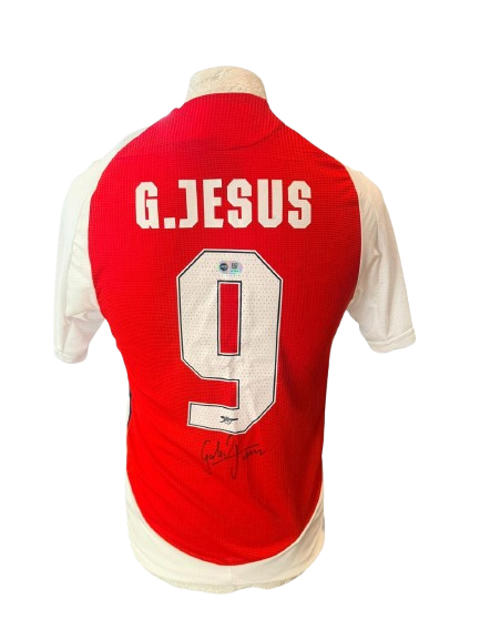 Official 2024/25 Arsenal home shirt with club font hand-signed by Gabriel Jesus in bold permanent ink.