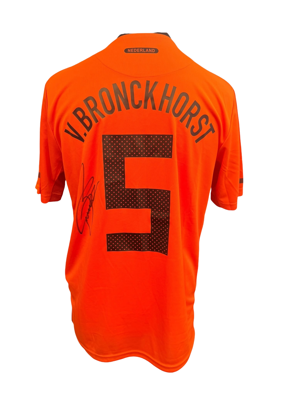 Back view of a classic orange Netherlands shirt hand-signed in permanent marker by former captain Giovanni van Bronckhorst.