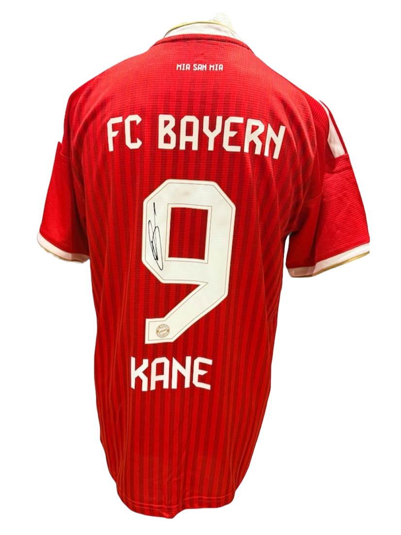 Signed Harry Kane Bayern Munich 2026/27 home shirt featuring a bold hand-signed autograph on the number, celebrating his Ballon d'Or victory