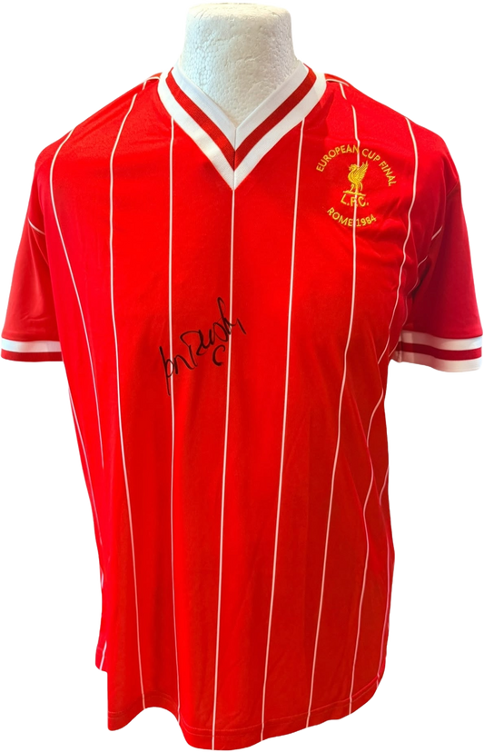 Ian Rush autographed red 1984 European Cup final Liverpool replica shirt with white embroidery details on the front.