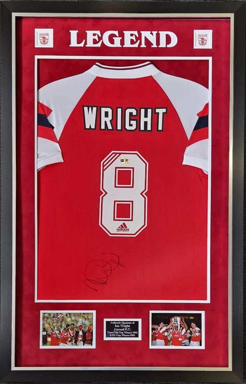 Ian Wright signed and framed Arsenal 1992/94 home shirt with a large signature on the back.