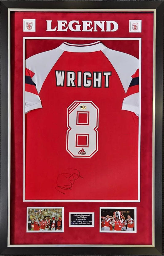 Ian Wright signed and framed Arsenal 1992/94 home shirt with a large signature on the back.