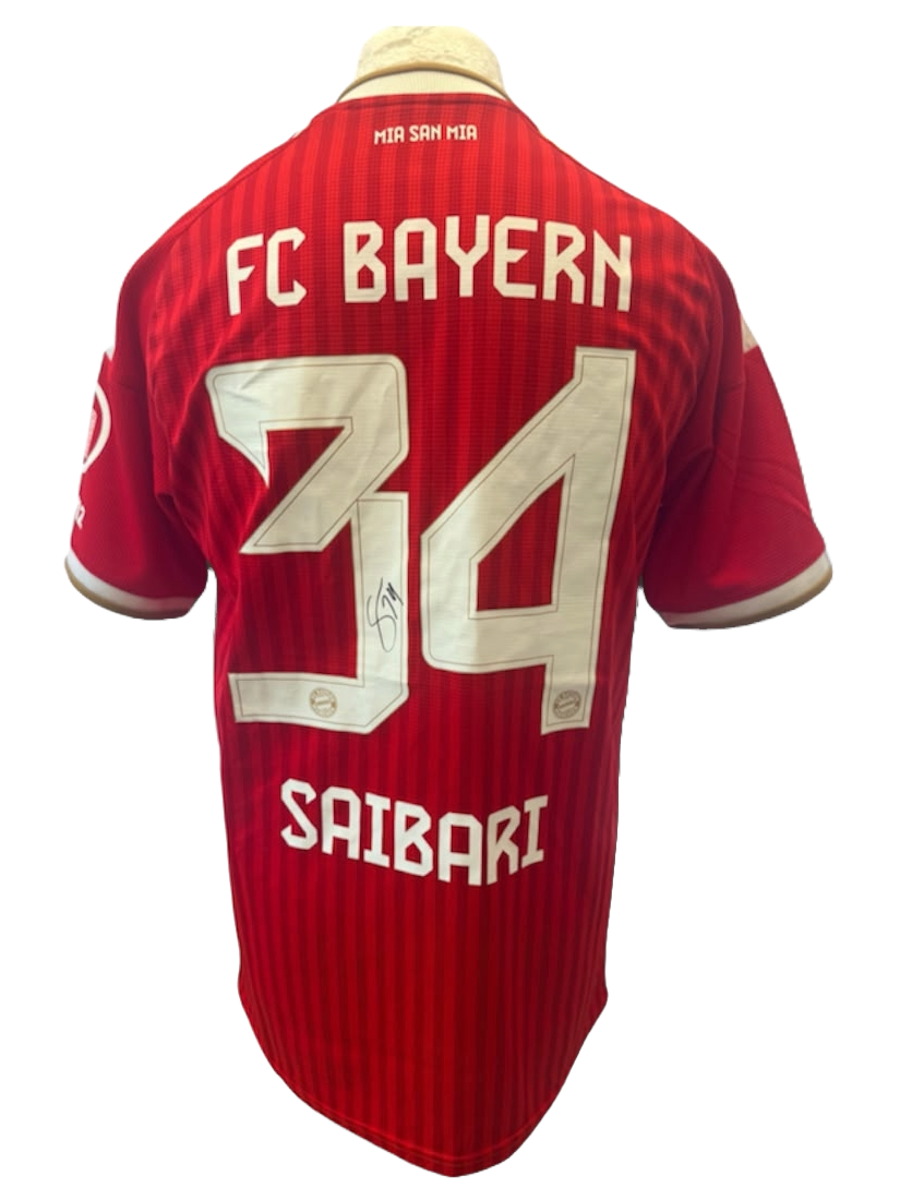 Signed Ismael Saibari Bayern Munich 2026/27 home shirt featuring a clean hand-signed autograph across his squad number on the back of the jersey