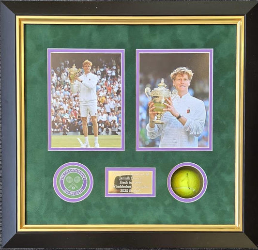 Jannik Sinner signed tennis ball mounted on a green background alongside two Wimbledon action photos and a bespoke plaque.