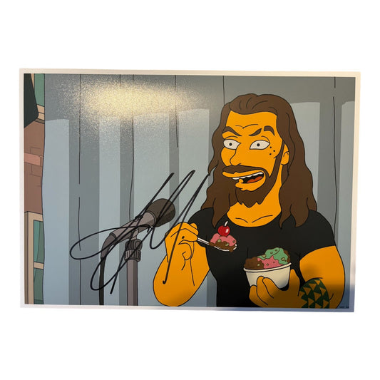 Official Simpsons-style artwork of Jason Momoa as Aquaman, hand-signed in the corner by Jason Momoa in bold permanent marker, accompanied by a Limelight Memorabilia COA.