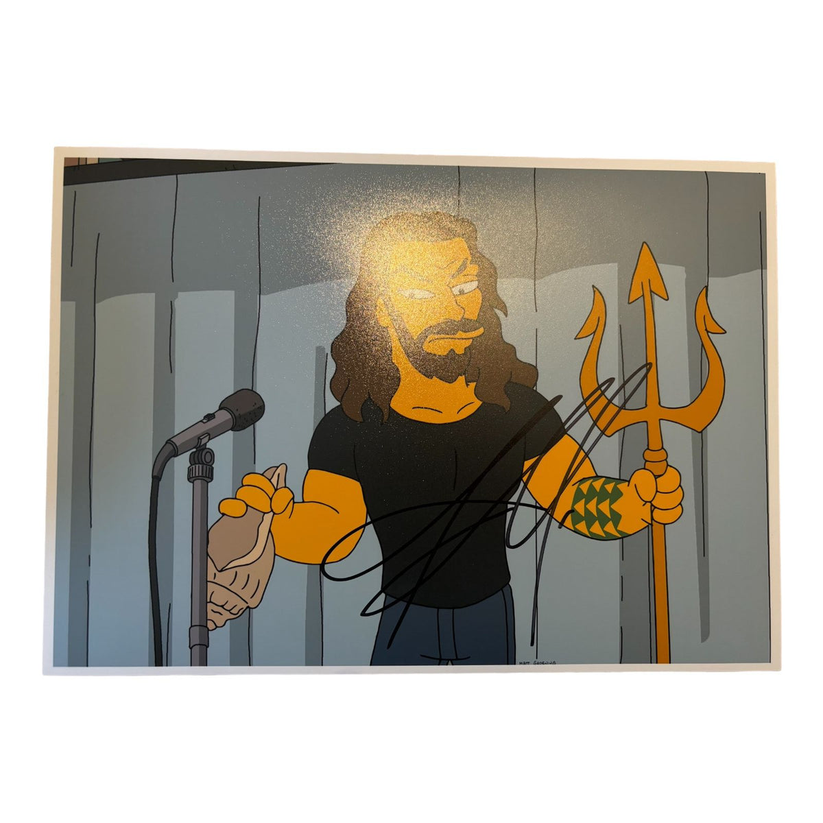 Authentic animation-style artwork featuring Jason Momoa as Aquaman in The Simpsons, hand-signed by Jason Momoa in bold permanent ink with a Limelight Memorabilia COA.