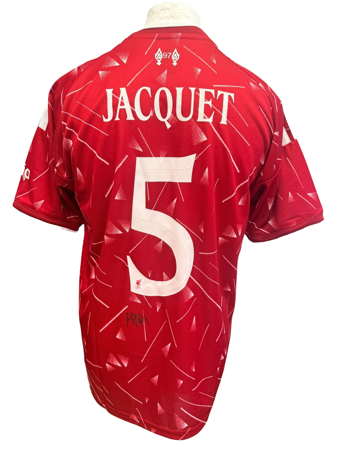 Back view of a 2026/27 Liverpool home shirt hand-signed in permanent marker by Jeremy Jacquet.