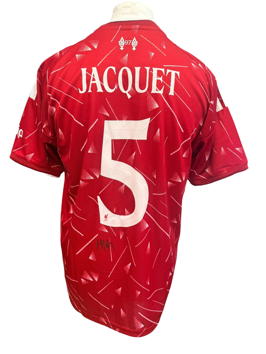 Back view of a 2026/27 Liverpool home shirt hand-signed in permanent marker by Jeremy Jacquet.