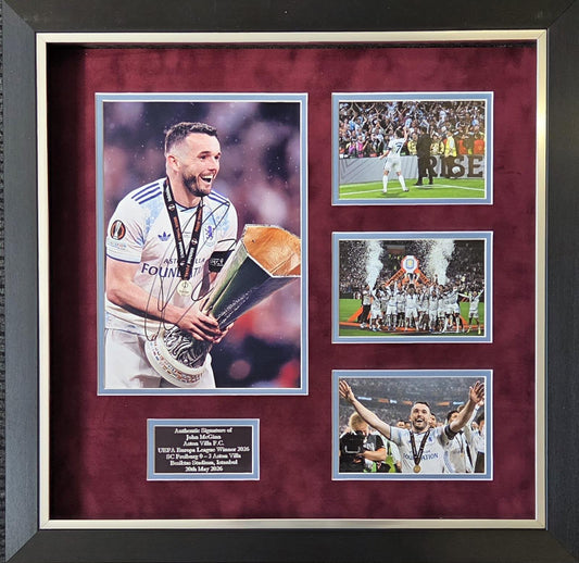 Authentic hand-signed John McGinn Aston Villa Europa League Winners Photo Montage featuring four high-definition celebration images and a bespoke plaque.