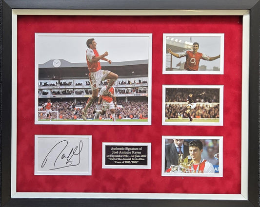 Authentic Jose Antonio Reyes hand-signed card beautifully displayed within an Arsenal photo montage featuring a bespoke plaque.