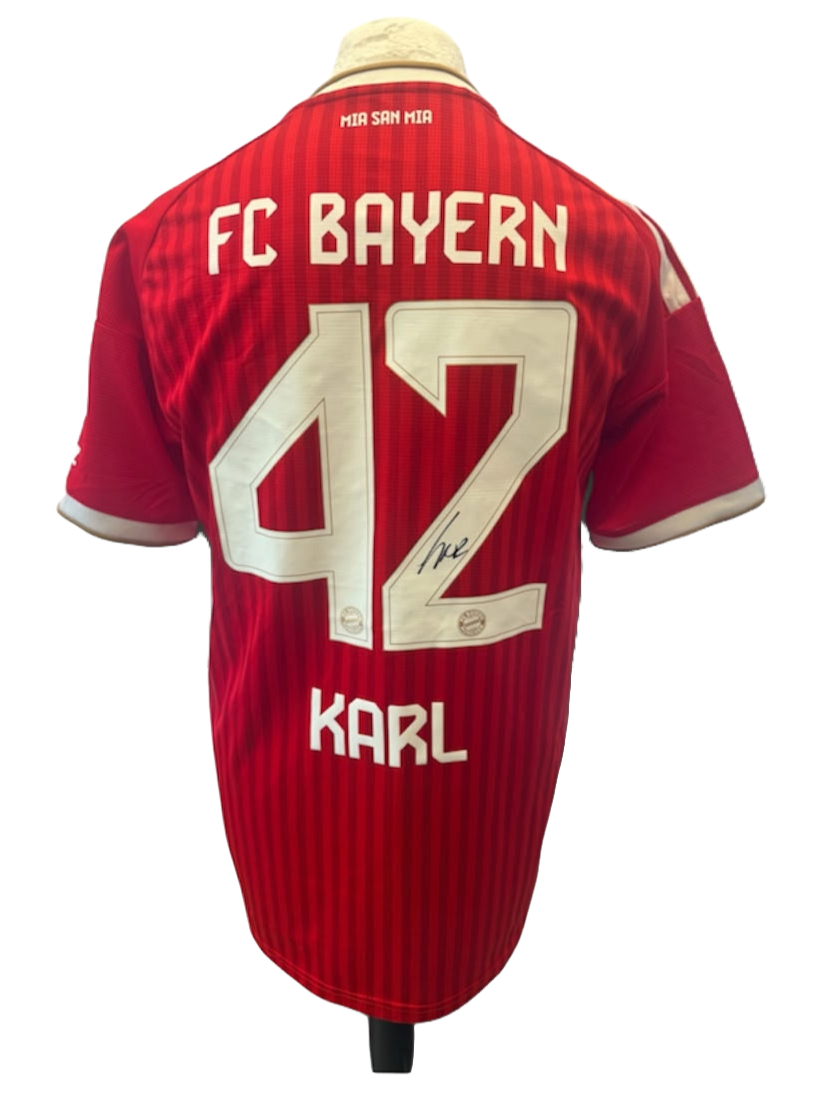 Signed Karl Lennart Bayern Munich 2026/27 home shirt featuring a clean hand-signed autograph across his squad number on the back of the jersey