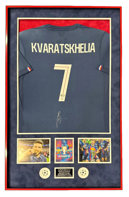 Khvicha Kvaratskhelia signed and framed PSG Champions League winning shirt with Budapest matchday programme, two photos, and bespoke plaque.