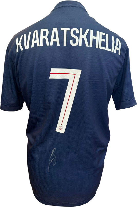 Khvicha Kvaratskhelia hand signed Paris Saint Germain home football shirt displaying a clear signature on the reverse.