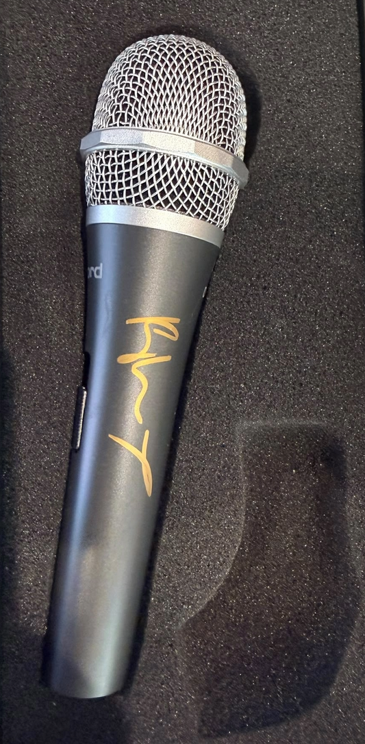 Stage-style microphone hand-signed in prominent metallic gold ink by pop icon Kylie Minogue.
