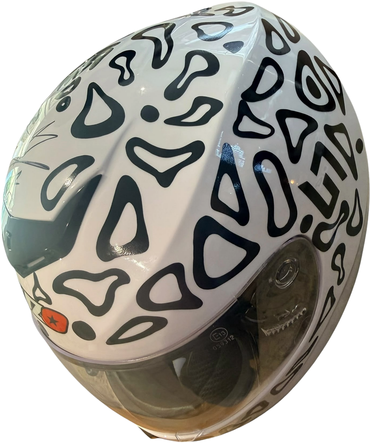 Profile view from the right side of the full-size replica Lando Norris racing helmet, highlighting the vibrant neon colourway and visor details.