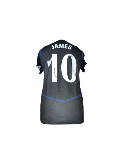 Authentic Lauren James signed Chelsea Women third shirt 25/26, featuring a bold signature in black ink on the Nike Total 90 revival jersey with silver and blue accents.