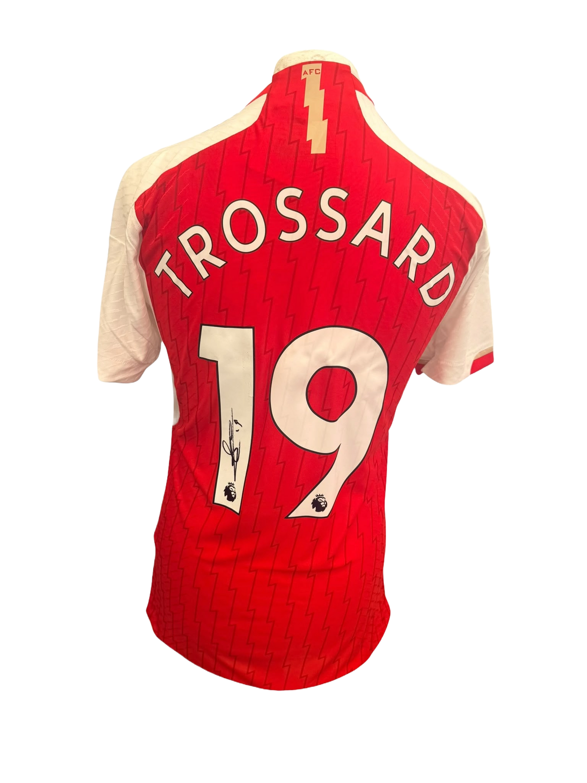 Back view of an authentic 2023/24 Arsenal home shirt hand-signed directly on the squad number by Leandro Trossard.