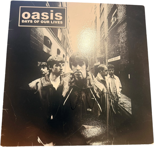 Front view of the Oasis Days of Our Lives live vinyl record sleeve, hand-signed by frontman Liam Gallagher, presented next to its Certificate of Authenticity.
