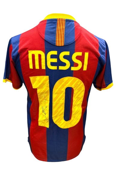 The back of a 2010/11 Barcelona home shirt signed by Lionel Messi on the number 10.