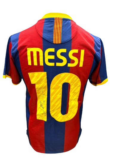 The back of a 2010/11 Barcelona home shirt signed by Lionel Messi on the number 10.