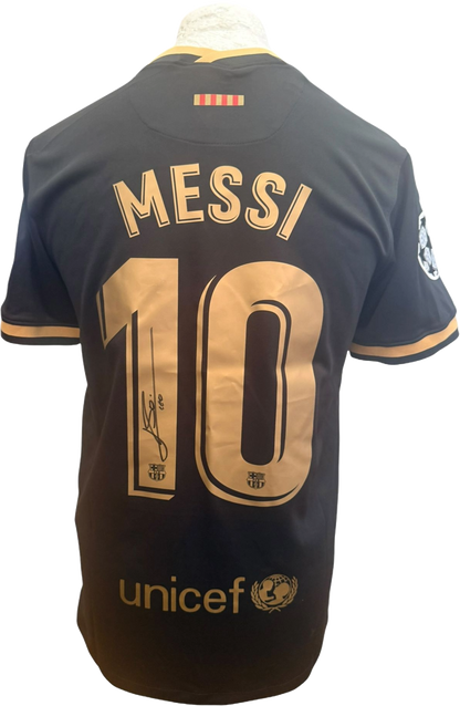 Back view of the Lionel Messi signed Barcelona black away shirt showcasing the bold autograph.