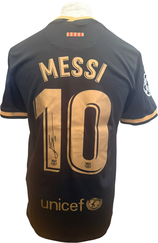 Back view of the Lionel Messi signed Barcelona black away shirt showcasing the bold autograph.