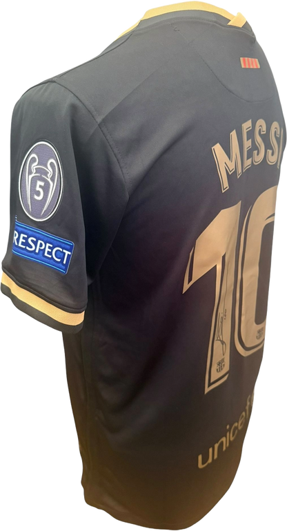 Close-up side view of the Barcelona black away shirt highlighting the Champions League multiple winners sleeve badge detail and the champions leageu respect sleeve badge