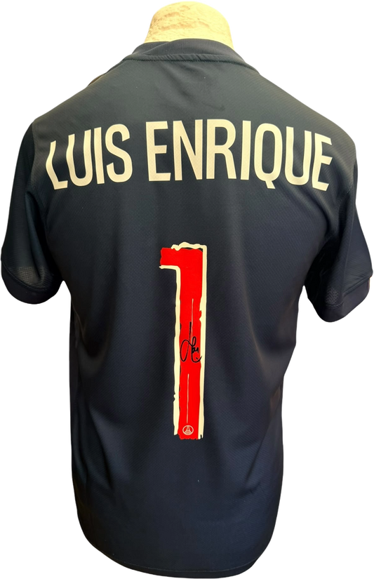 Authentic autograph hand-signed by manager Luis Enrique on the back number of the blue PSG 2025/26 home shirt.