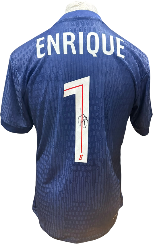 Rear view of a Paris Saint-Germain home shirt hand-signed by manager Luis Enrique, displayed alongside the Certificate of Authenticity.
